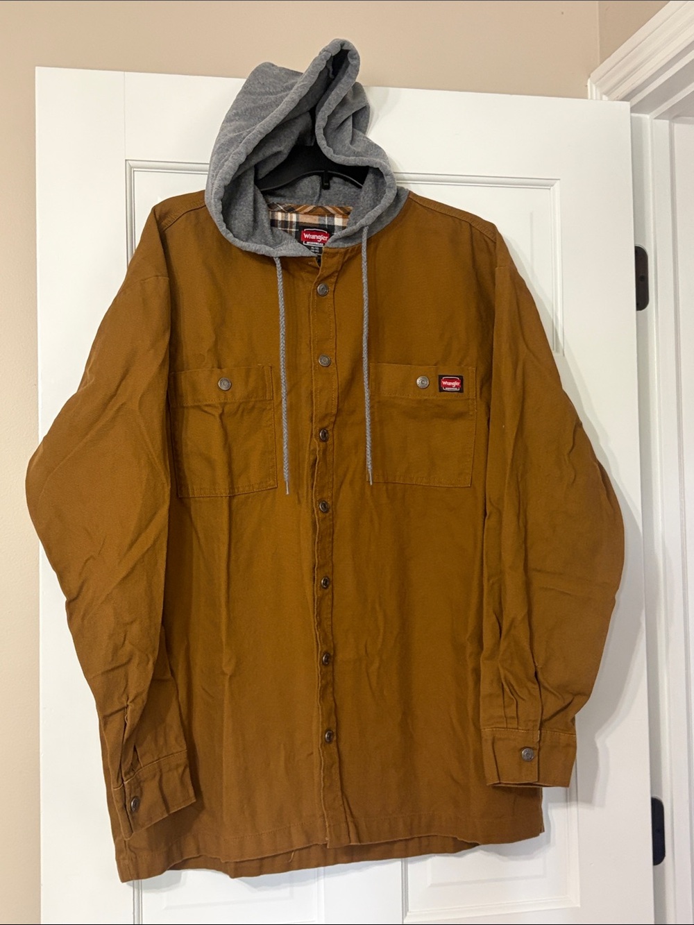 Wrangler Camel Brown Hooded Shirt Jacket with Grey Hood